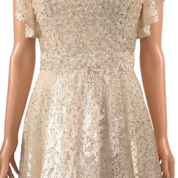 Mac Duggal Flutter Sleeve V-Neck Gown Ivory Nude Formal Maxi Beaded FLAWED - Picture 5 of 16